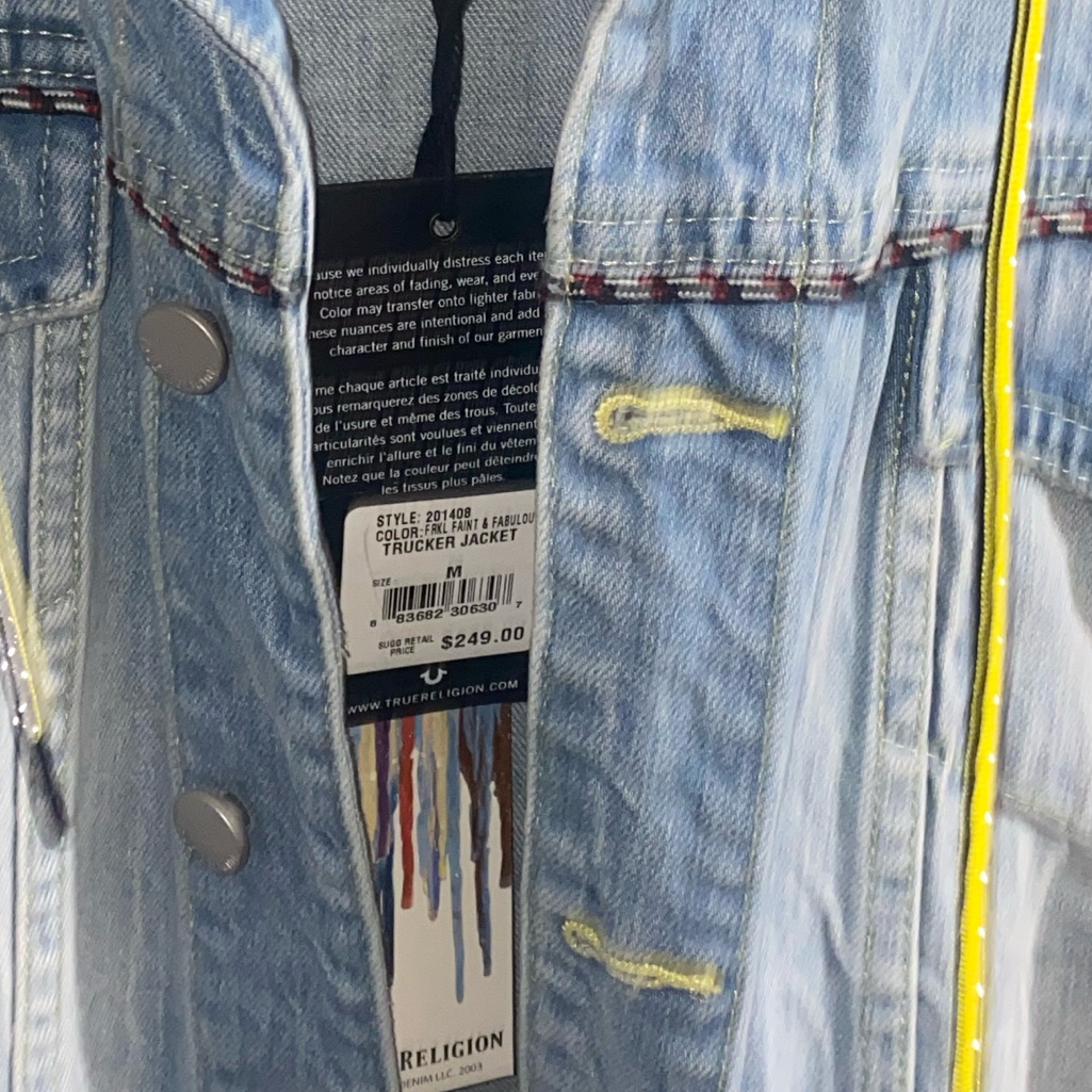 True Religion Womans Light Blue Denim Jacket With Red And Yellow Details